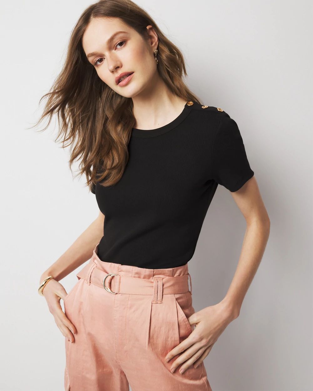 WHBM FORME™ Ribbed Stretch Button Shoulder Tee | White House